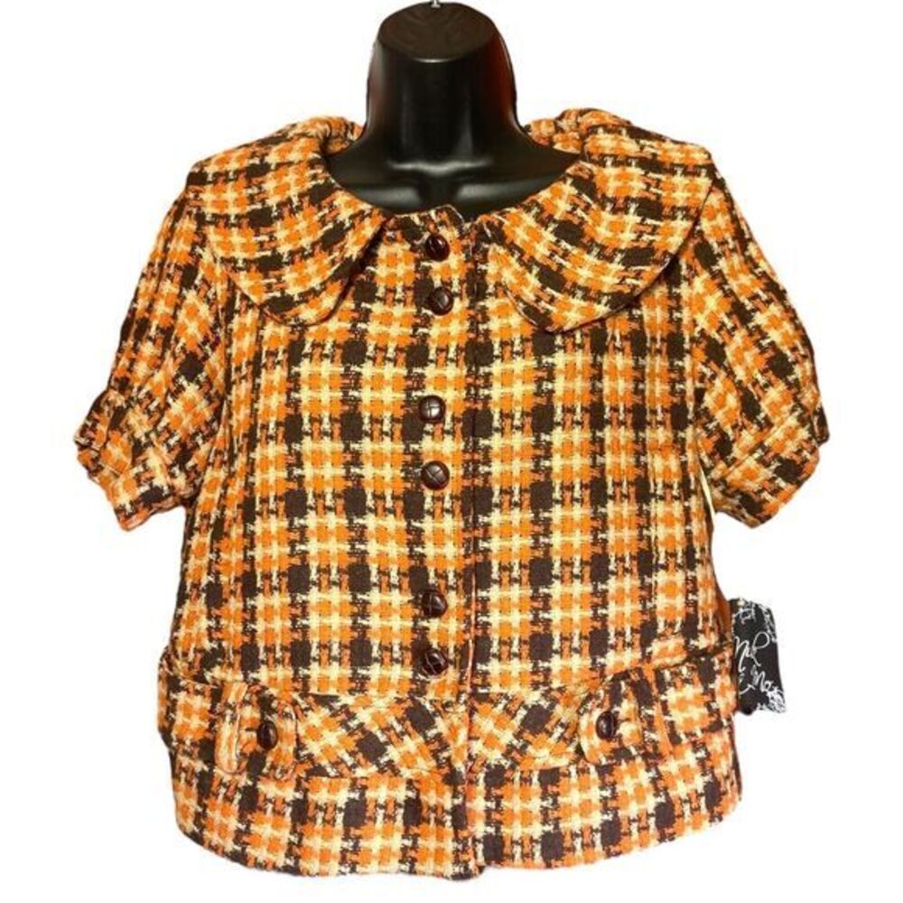 Nick & Mo Boutique Orange Tweed Plaid Wool‎ Jacket Lined Boho Size Medium NWT